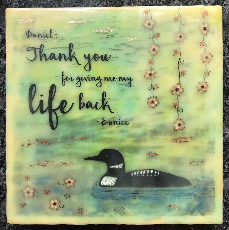 Commisioned piece – Thank you for giving me my life back. Encaustic, dried flowers, photocopy transfers, 8x8.